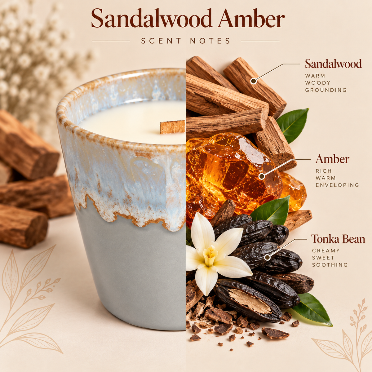 Sandalwood Amber Sojawachskerze mit Duftnoten von Sandelholz, Amber und Tonkabohne