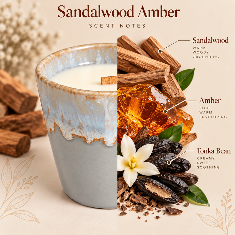 Sandalwood Amber Sojawachskerze mit Duftnoten von Sandelholz, Amber und Tonkabohne