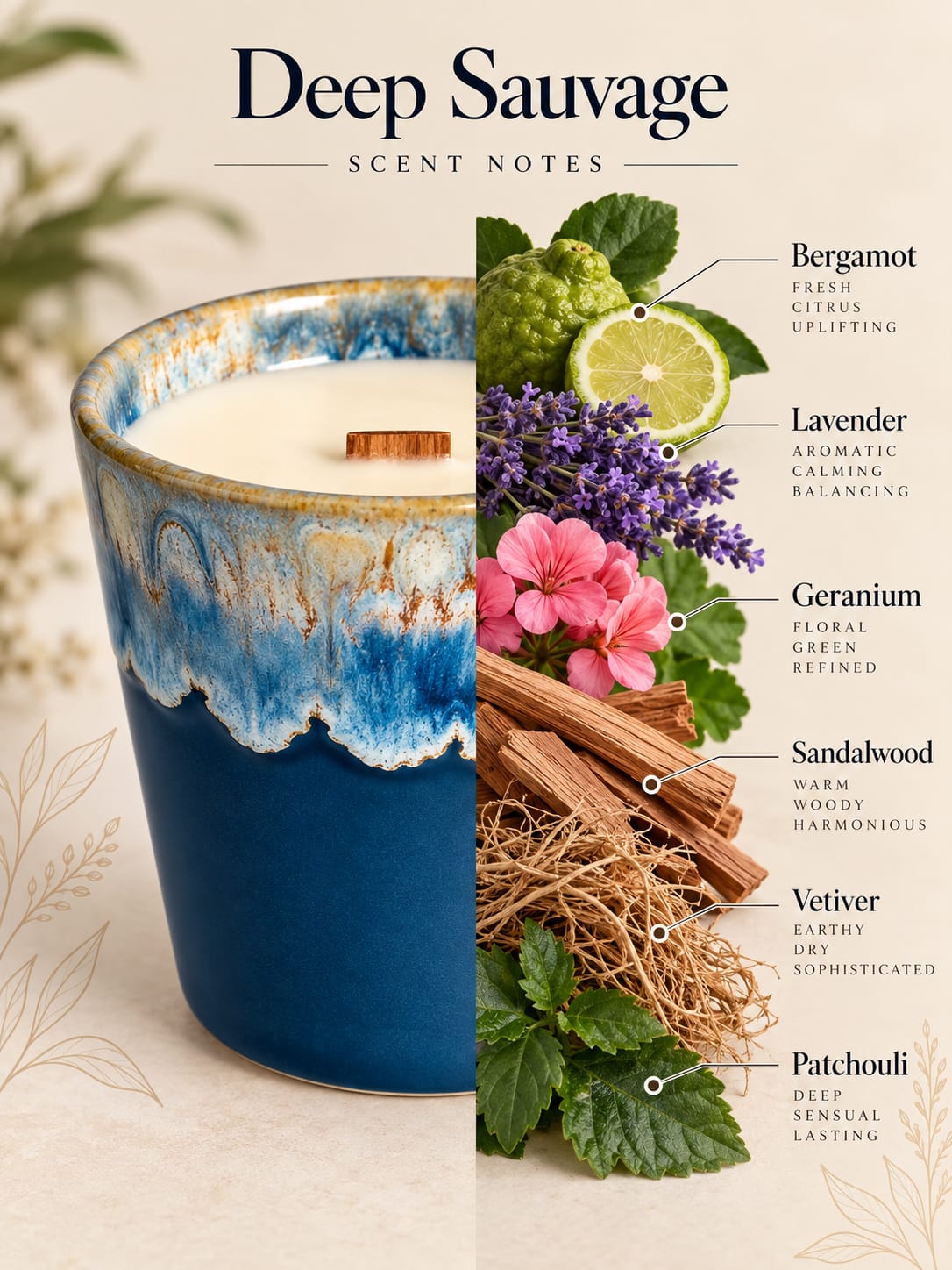 Duftnoten der Deep Sauvage Sojakerze: Bergamotte, Lavendel, Geranie, Sandelholz, Vetiver und Patchouli