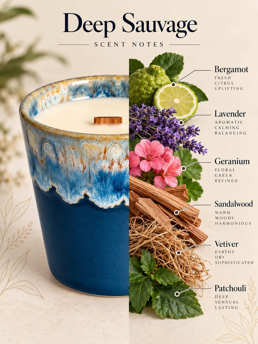 Duftnoten der Deep Sauvage Sojakerze: Bergamotte, Lavendel, Geranie, Sandelholz, Vetiver und Patchouli